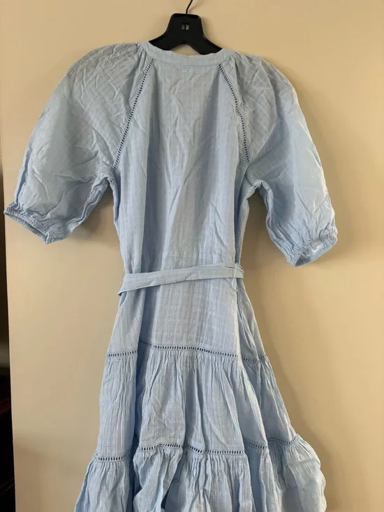 Veronica Beard Pale Blue Cotton Tiered Dress with Lace Trim - Picture 4 of 5